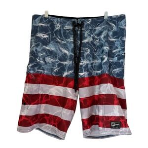 Pelagic Sharkskin 34 Boardshorts American Flag Fish Print Fishing Swim Trunks
